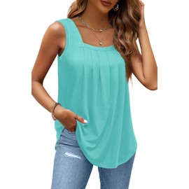 AGSEEM Summer Tank Tops for Women 2024 Squre Neck Sleeveless Loose Fit Pleated Tops Aqua 2XL