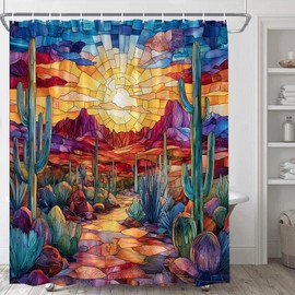 Western Desert Shower Curtain Abstract Colorful Stained-Glass Southwestern Desert Cactus SunSet Montain Boho Tropical Plant Outdoor Country Nature Landscape Bathroom Decor Fabric Curtain with Hooks