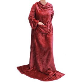 Catalonia Classy Portable Blanket with Sleeves Gift for Adult Women Men, Extra Soft Warm Cosy Micro Plush Lightweight Fleece Snug Body Blanket, TV Wrap Throw Blanket with Pocket,Wine