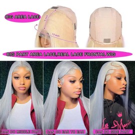 Long 34 Inch Silver Grey Lace Front Wig Human Hair Wear and Go Glueless Grey Wigs 13x4 Straight Grey HD Lace Front Wigs Human Hair Pre Plucked with Baby Hair Gray Hd Lace Frontal Wig For Black Women