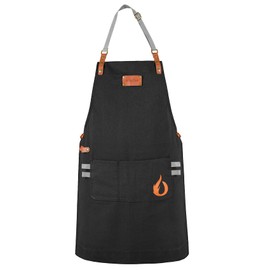 onlyfire Chef Apron for Women and Men, Canvas Kitchen Apron with Adjustable Strap and Large Pocket for Cooking, Baking, BBQ, Gardening, Restaurant, Black