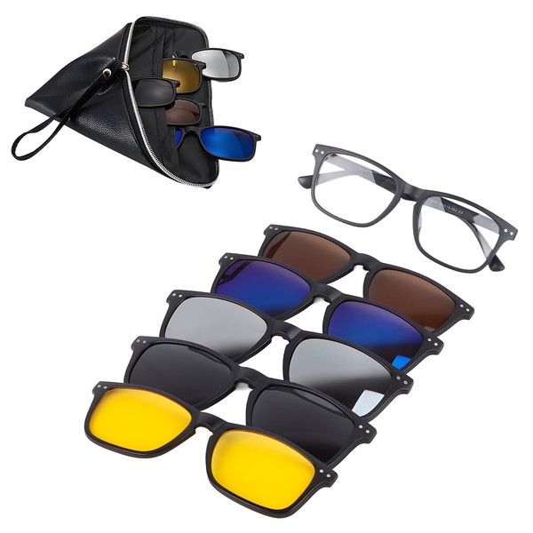 Tissting Magnetic Clip Sunglasses with 5 Interchangeable Clips, TR Square