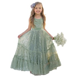 LalaMira Flower Girl Dress Lace Boho Toddler Dresses Ruffle Girl Dress for Wedding Garden Party Holiday Communion Sleeveless Sage Green-10 Years