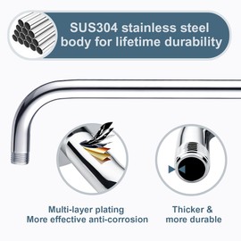BRIGHT SHOWERS 16 Inch Shower Head Extension Arm with Flange L Shaped Shower Arm Extender, Long Stainless Steel Rainfall Shower Head Pipe Arm, Chrome
