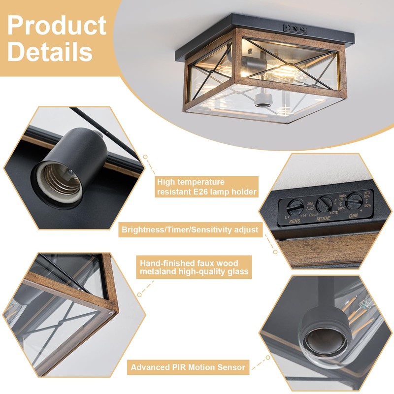 Outdoor Ceiling Light with Motion Sensor, Industrial Farm House Flush