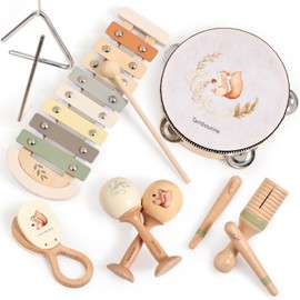 OESSUF Musical Instruments for Children from 3 Years, 7-in-1 Xylophone Tambourine Children's Instrument Set Baby Montessori Wooden Toy Children's Toy Music Toy from 18+ Months (Squirrel)
