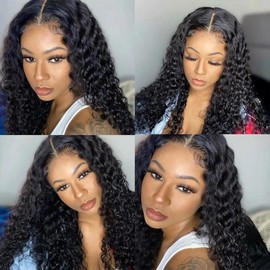 HeartYue Lace Front Wigs Synthetic Hair Pre-Plucked Deep Wave Synthetic Artificial Black Wigs Long Middle Part Curly Wigs for African Women Girls Transparent Lace Front Closure Wave Wigs 28 Inch