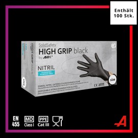 AMPri High Grip Disposable Nitrile Gloves 100 Pieces/Box Size S Black SolidSafety: Extra Grippy and Chemical Resistant Work Safety Gloves in Sizes S, M, L, XL, XXL