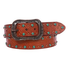 1 1/2" Snap On Floral Engraving Turquoise Studded Leather Belt Size: 38 Color: Tan