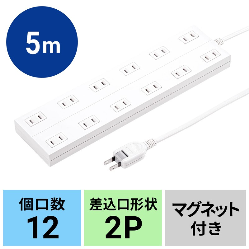 Sanwa Supply TAP-2312-5W Power Tap, 12 Outlets, 2P, 16.4 ft