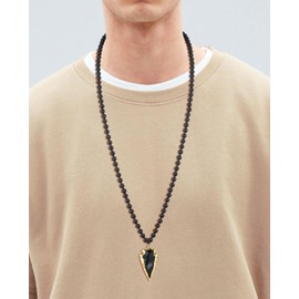 COAI Handmade 108 Mala Stone Beaded Necklace for Men, Black Obsidian Arrowhead Pendant Necklace 8mm Lava Necklace for Men 100cm