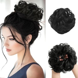 FDEETY Messy Bun Hairpiece with Elastic Band, Curly Synthetic Bun Hairpiece, Hair Extension, Updo Hair Accessories for Women, Hair Scrunchie with Hair (Black)