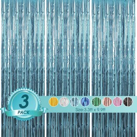 TenLaitech 3 Pack 3.3 x 9.9 ft Light Blue Foil Fringe Backdrop Curtain, Streamer Backdrop Curtains, Streamers Birthday Party Decorations, Tinsel Curtain for Parties, Galentines Decor, Photo Booth