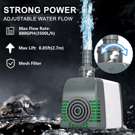 Zoronk 880GPH High-Efficiency Submersible Water Pump - 10ft Power Cord, Quiet Design for Fountains, Ponds, Aquariums, Hydroponics & Outdoor/Indoor Use