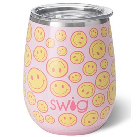 Swig Life 14oz Stemless Wine Cup, Insulated Wine Tumbler with Lid, Stainless Steel Travel Tumbler (Oh Happy Day)