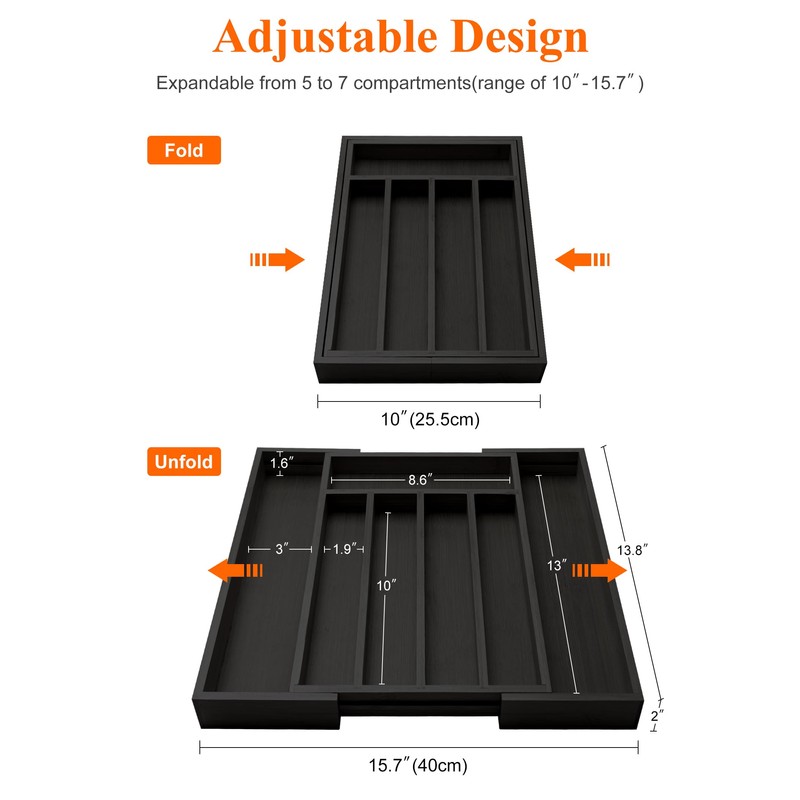 Bamboo Kitchen Drawer Organizer Tray Black Expandable Spoon Silverware Organizer