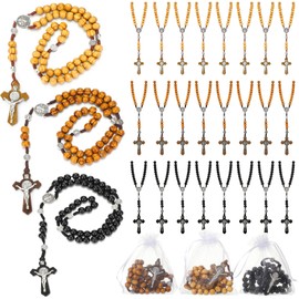 Equsion 24 Set Wooden Bead Rosary Necklace Catholic Rosary Wood Carved Beads with Jesus Cross Our Father Solid Wooden Rosary Beads with Organza Bag Pouch Baptism Favors Catholic Gift (Multicolor)
