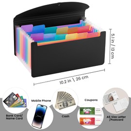 13 Pocket A6 Receipt Organizer, 2 Pack Small Accordion File Organizer, Coupon Organizer with Labels - Black