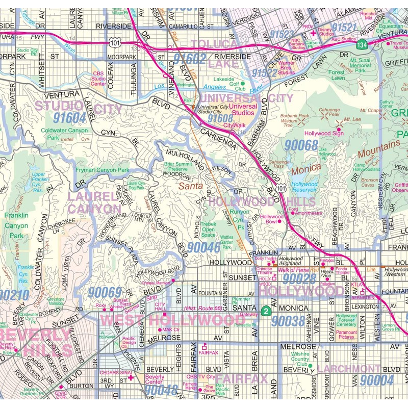 Metro Maps Los Angeles-Orange County-Riverside Detailed Region Wall Map (67"x44")