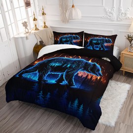 AILONEN Queen Size Comforter Set, Night Forest Wild Animal Bedding Set, Fire Bear Duvet Set, 3-Piece Set With Quilt and 2 Pillowcases