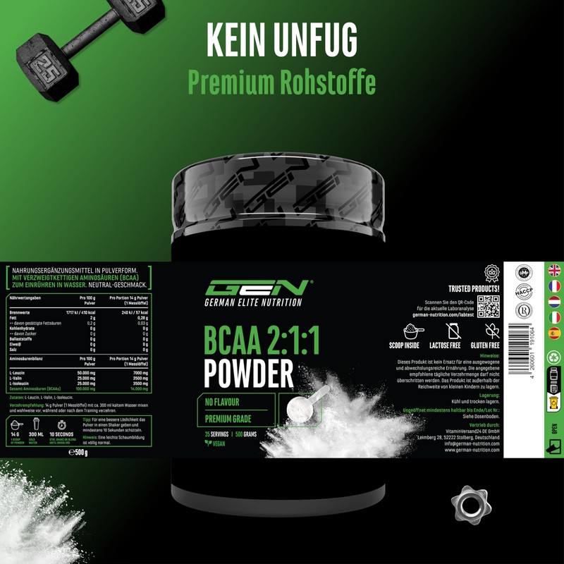 BCAA 2:1:1 Powder - 500 g - Flavour: Unlflavoured (Neutral)
