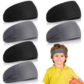 Deekin 6 Pcs Kids Boys Headbands, Athletic Sweatbands for Boys Girls, Youth Kids Sweat Bands, Sweat Absorbing Elastic Hairband (Black, Gray)