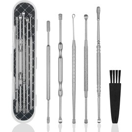 6 Pcs Ear Wax Removal Kit,Professional Double-Headed Ear Pick Earwax Removal Tools,316L Stainless Steel Ear Cleaner Curette with Cleaning Brush and Storage Box,Suit for  Adult - Color: Silver
