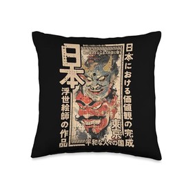 Noh Masks Traditional Japanese Woodblock Ukiyo-e Anime Throw Pillow