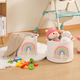 INough Toy Storage Baskets Woven Cotton Rope Storage Basket with Rainbow Decor for Kids, Blanket Baskets for Living Room Toys Organizer Rainbow Baby Gifts Basket with Handle for Girls Nursery Playroom