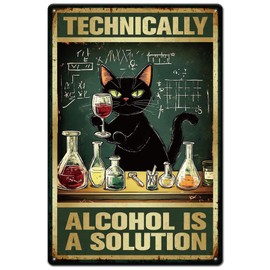 SUPERDANT Alchol is a Solution Tin Sign Bartending Cat Metal Tin Sign Black Cat Metal Signs Cat Signs Funny Signs and Plaques Metal Wall Art for Kitchen Bars Pub Man Cave Wall Decor