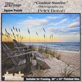 Heritage Puzzle Coastal Sunrise Beach Ocean Jigsaw Puzzle for Adults 1000 Pieces, Frameable 30" x 24" Relaxing Coastal Puzzles - Serene Scene on Sandy Shore by Peter Doran - Made in U.S.A.
