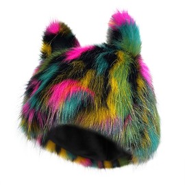 NICEYEA Cat Ears Winter Hat Bobble Hat Fur Hat Knitted Hat Beanie Hat Party Funny Faux Fur Fishing Hat Winter Hats Soft Headband Winter Ski Hat for Outdoor Hiking Travel One Size, Black red stripes