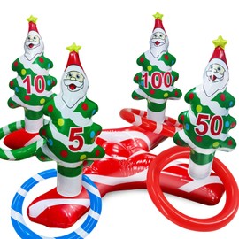 TURNMEON Giant Inflatable Christmas Tree Ring Toss Party Game Toys Kids Adults Family Stocking Stuffers Christmas Party Supplies Favors Decoration Indoor Outdoor Games(4 Score Santa Base, 4 Rings)