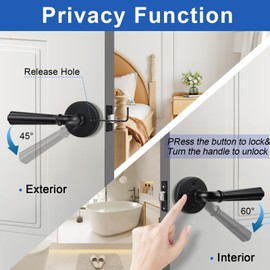 Orger 5 Pack Matte Black Interior Door Handle Round Privacy Door Lever Keyless, Bed and Bath Interior Door Lock Set Left & Right Hand Use, Modern Privacy Door Lock Black Finish, Stainless Steel
