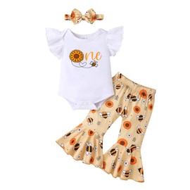 YOUNGER TREE Baby Girl 1st Birthday Outfits My first Birthday Romper Flared Pants Birthday Clothes One Year Old Birthday Gift(Bee One and Sunflower,6-12 Months)