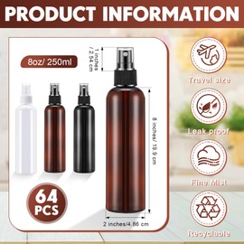 Eccliy 64 Pcs 8 oz Plastic Spray Bottles Fine Mist Refillable Clear Empty Spray Bottles Mist Sprayer with Spray Cap for Essential Oils Travel Perfumes(Brown)