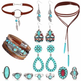 Morfetto Western Jewelry for Women Bohemian Turquoise Jewelry Set Turquoise Faux Leather Cuff Bracelet Turquoise Pendant Choker Necklace Turquoise Hoop Dangle Earrings Turquoise Joint Knuckle Rings