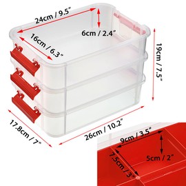 JUXYES 3-Tiers Stack Carry Storage Box With Divided Tray, Transparent Stackable Storage Bin With Handle Lid Latching Storage Container for School & Office Supplies (Red)