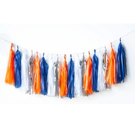 Orange and Blue Tassel Garland Paper Tissue Tassels Garland for Party Decorations, (Blue,Orange,Silver,White,20PCS)