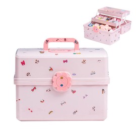 Srutirbo Hair Accessories Organizer for Girls,Portable 3-Layers Plastic Box with Fold Tray and Handle, Lockable Container for Art Supply, Makeup, Nail, Hair Accessories