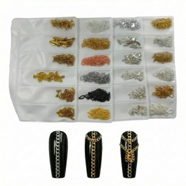 4 Packs 24 Strips Nail Chains for Nail Art Gold and Silver Alloy Chain Charms for Women Nails Decorative Accessories with Metal Punk Style