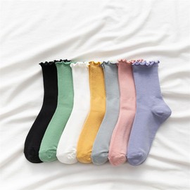 [PAOIXEEL] 靴下 レディース 1足 綿100 木耳レース 中筒ソックス キャンディカラー ストッキング 春用 薄手 通気性 INS学院風 JKソックス