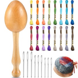 Jexine Darning Egg for Socks Wooden Darning Supplies Kit with 9 Large Eye Needles 16 Colors Sewing Threads for Socks Clothes Weaving Adults Darner DIY Handicraft Home Sewing Care(Multiple Color)