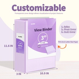 SUNEE 3 Ring Binder 3 Inch 2 Pack, Clear View Binder Three Ring PVC-Free (Fit 8.5x11 Inches) for School Binder or Office Binder Supplies, Purple Binder