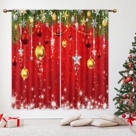 Mitpok Red Christmas Curtains for Living Room 52Wx84H Inch Rod Pocket Gold Christmas Ball Xmas Green Pine Leaves Winter Snowflake Star Happy New Year Holiday 2 Panels Window Treatment Set for Bedroom