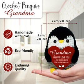 VELENTI Handmade Crochet Penguin Plush with Message Card – Grandma, I Flippin Love You! Cute Tiny Penguin Reminder Gift for Grandma