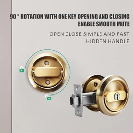 ZZBUY Pocket Door Lock with Key, Round Recessed Pocket Door Latch with Hidden Pull Ring, 2-3/8" Backset (1 Pack Gold)