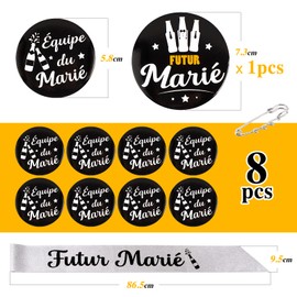 JGA Men's Accessories Silver Sash Groom with Black Words 9 Pieces Buttons for Groom Team Groom Party Decoration for Wedding in French
