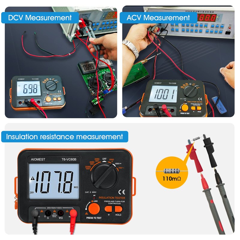 AIOMEST Digital Megohmmeter Megaohm Meter with 250V/500V/1000V Test Voltage Testing