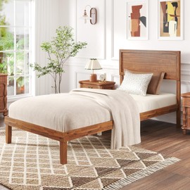 Giantex Wood Twin Bed Frames with Headboard, Mid Century Modern Platform Bed Twin Size with Solid Wood Legs & Wooden Slat Support, Easy Assembly, No Box Spring Needed, Walnut